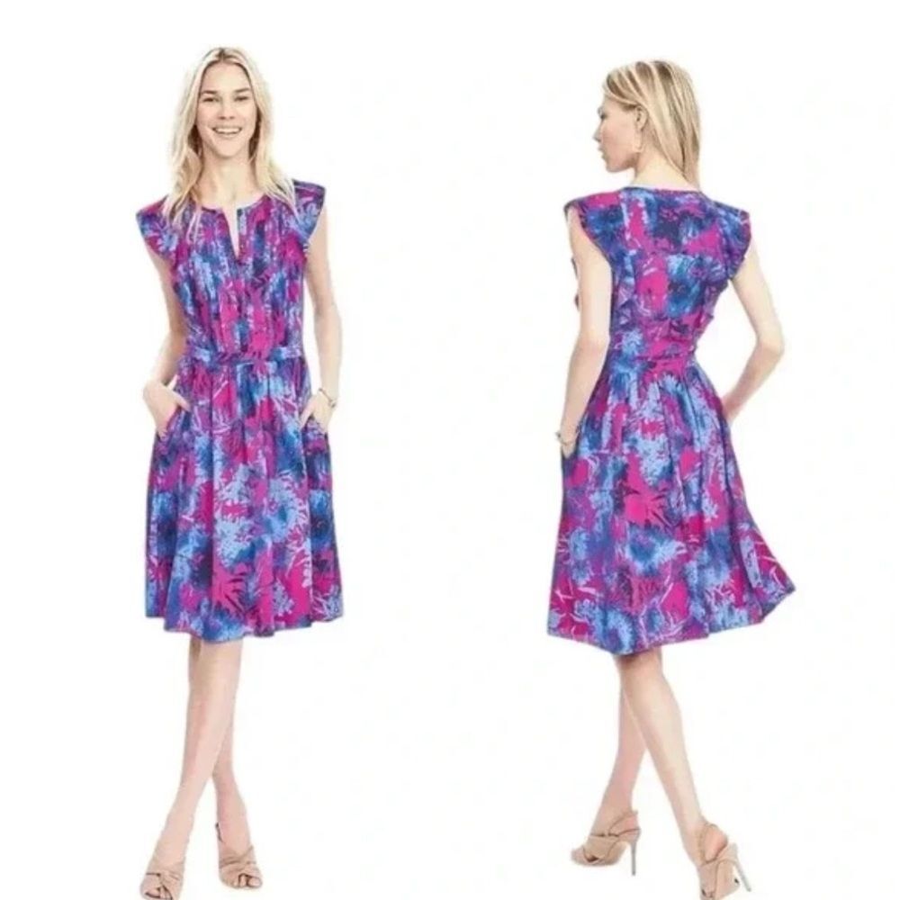 Banana Republic Pink and Purple Ruched Midi Sundress in Sz 4